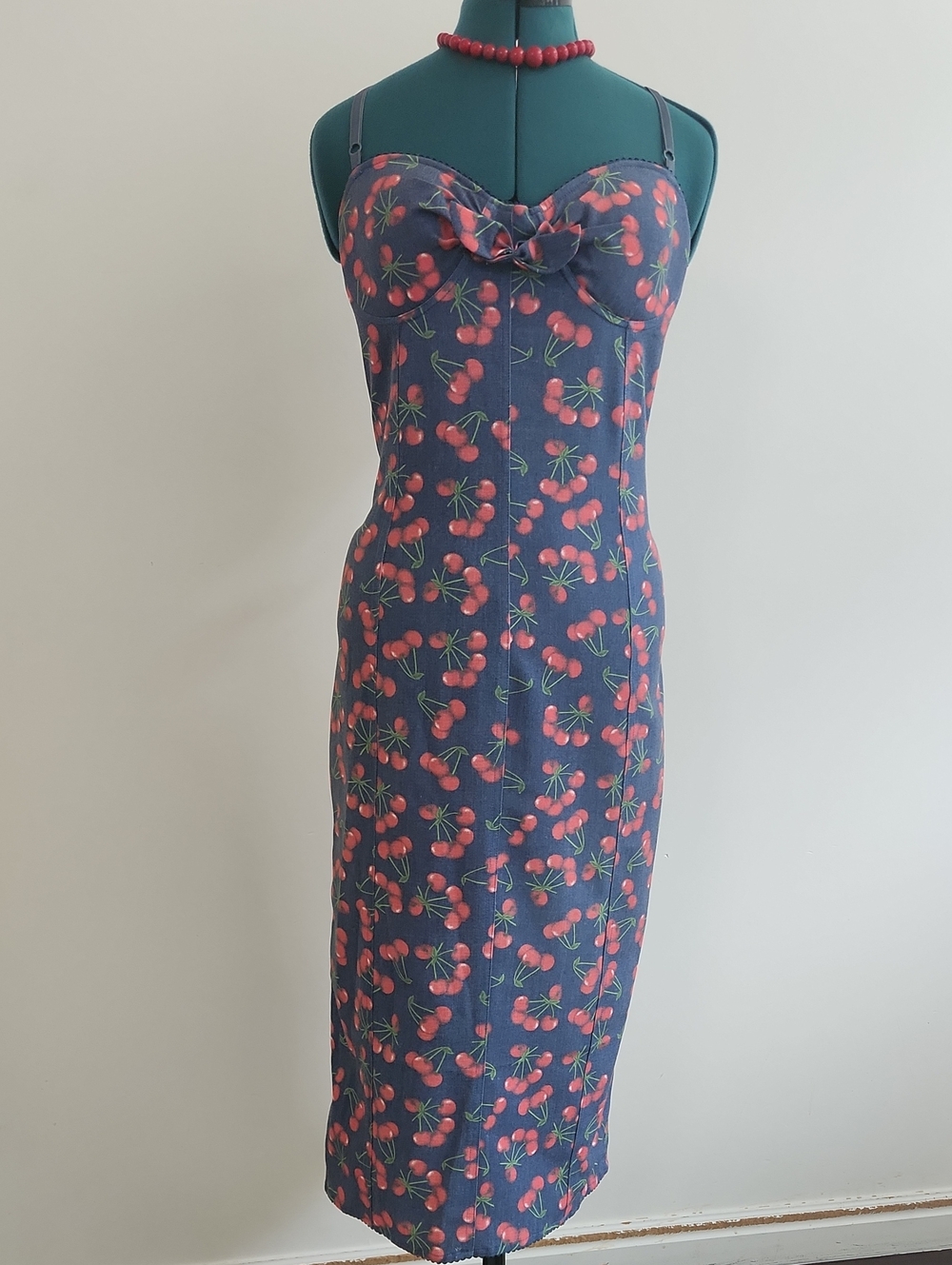 🍒 Betty Page Navy Cherry-Print Wiggle Dress with Sweetheart Neckline SZ L